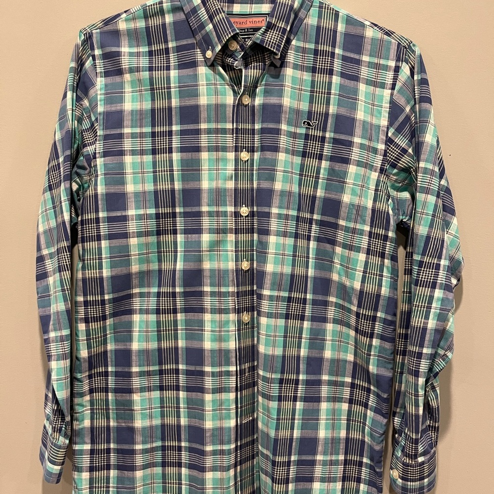 Vineyard Vines Boys Size 16-18 Large Blue and Green Plaid Oxford Shirt